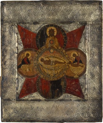 Auktion 147<br>SEHR SELTENE UND FEINE IKONE MIT DEM LAMM GOTTES MIT SILBER-RIZA