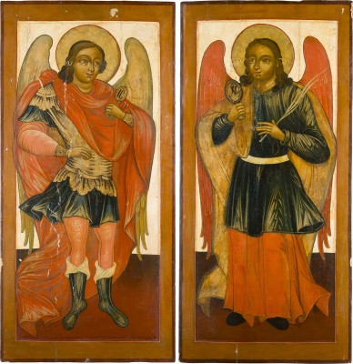 Auction 147<br>PAAR MONUMENTALE IKONEN MIT DEN ERZENGELN MICHAEL UND GABRIEL AUS EINER KIRCHEN-IKONOSTASE