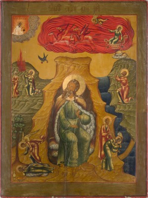 Auktion 147<br>MONUMENTALE IKONE MIT DEM PROPHETEN ELIAS, SEINEM LEBEN IN DER WÜSTE UND SEINER FEURIGEN HIMMELFAHRT AUS EINER KIRCHEN-IKONOSTASE