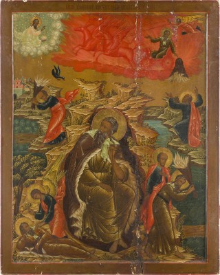 Picture MONUMENTALE IKONE MIT DEM PROPHETEN ELIAS, SEINEM LEBEN IN DER WÜSTE UND SEINER FEURIGEN HIMMELFAHRT AUS EINER KIRCHEN-IKONOSTASE