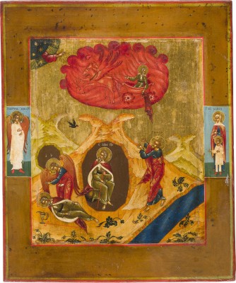 Auction 147<br>KLEINE IKONE MIT DEM PROPHETEN ELIAS, SEINEM LEBEN IN DER WÜSTE UND SEINER FEURIGEN HIMMELFAHRT