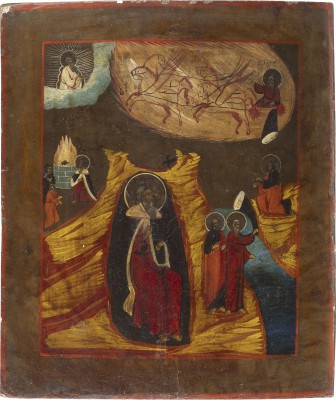 Auction 147<br>GROSSE IKONE MIT DEM PROPHETEN ELIAS UND SEINER FEURIGEN HIMMELFAHRT