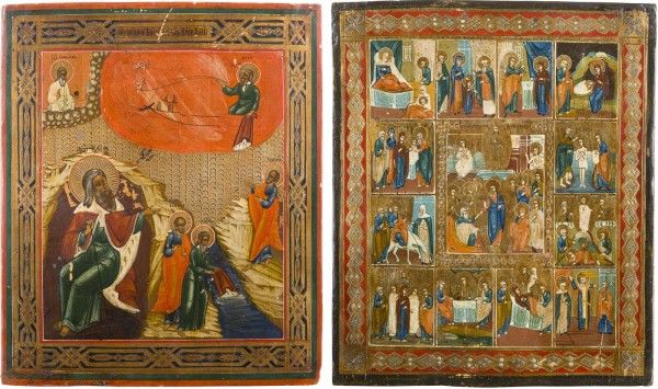 Auction 147<br>ZWEI IKONEN: PROPHET ELIAS IN DER WÜSTE UND SEINE FEURIGE HIMMELFAHRT UND FESTTAGSIKONE