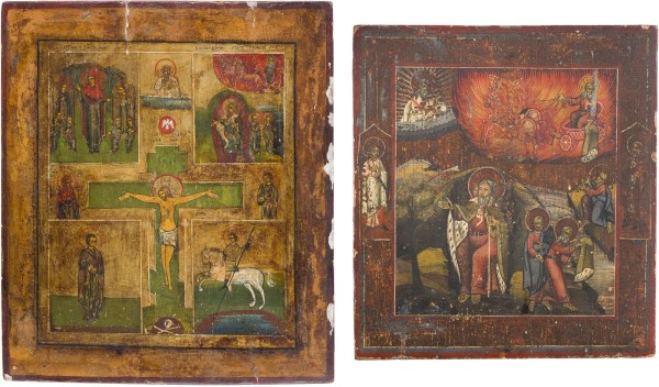 Auction 147<br>ZWEI IKONEN: PROPHET ELIAS UND VIERFELDER-IKONE MIT DER KREUZIGUNG, DER GOTTESMUTTER UND HEILIGEN