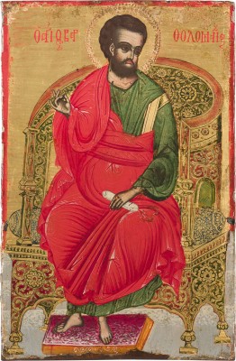 Auction 147<br>GROSSE UND SELTENE IKONE DES THRONENDEN BARTHOLOMÄUS AUS EINER KIRCHEN-IKONOSTASE IN MOSCHOPOL (HEUTE VOSKOPOJE, ALBANIEN)