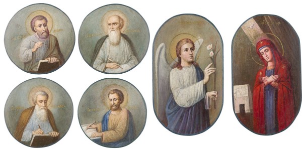 Auction 147<br>SECHS IKONEN AUS EINER KÖNIGSTÜR EINER IKONOSTASE MIT DEN VIER EVANGELISTEN UND DER VERKÜNDIGUNG