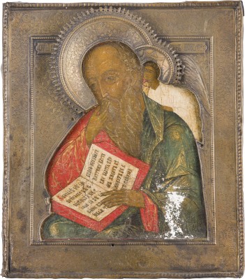 Auction 147<br>IKONE MIT DEM HEILIGEN JOHANNES, THEOLOGE IM SCHWEIGEN MIT RIZA