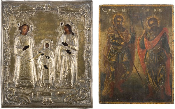 Auction 147<br>ZWEI KLEINE IKONEN MIT AUSGEWÄHLTEN HEILIGEN, DARUNTER KRIEGERHEILIGE