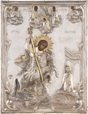 Auction 147<br>IKONE MIT DEM HEILIGEN GEORG DEM DRACHENTÖTER UND DER KRÖNUNG DER GOTTESMUTTER MIT SILBER-OKLAD