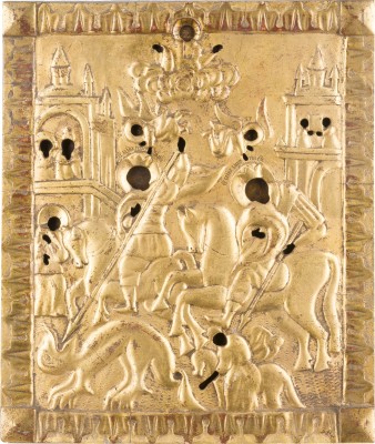 Auction 147<br>SELTENE IKONE MIT DEN REITERHEILIGEN GEORG UND DEMETRIUS MIT STUCK-OKLAD