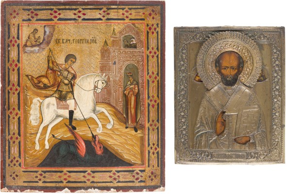 Auction 147<br>ZWEI IKONEN: HEILIGER NIKOLAUS VON MYRA MIT OKLAD UND HEILIGER GEORG DER DRACHENTÖTER