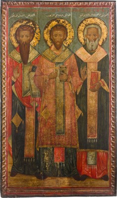 Bild MONUMENTALE MELKITISCHE IKONE MIT DEN DREI HIERARCHEN BASILIUS DEM GROSSEN, JOHANNES CHRYSOSTOMUS UND GREGOR DEM THEOLOGEN
