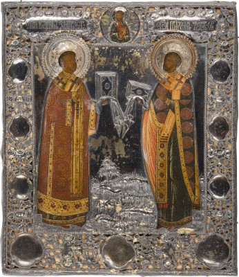 Bild SEHR FEINE IKONE MIT DEN HEILIGEN JOHANNES CHRYSOSTOMUS UND TICHON MIT SELTENEM VERMEIL-RIZA