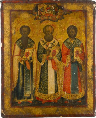 Auction 147<br>IKONE MIT DEN DREI HIERARCHEN BASILIUS DEM GROSSEN, GREGOR DEM THEOLOGEN UND JOHANNES CHRYSOSTOMUS