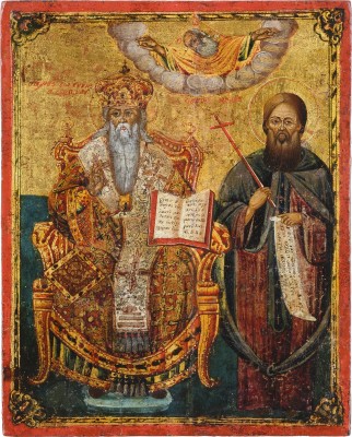Auktion 147<br>FEINE IKONE MIT DEN HEILIGEN JOHANNES CHRYSOSTOMUS UND NILOS 'DER FASTER'