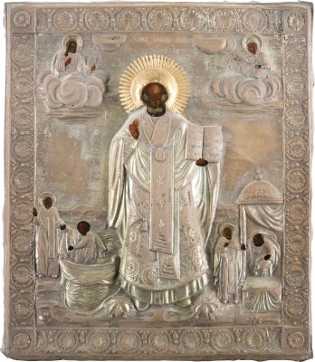 Auction 147<br>IKONE MIT DEM HEILIGEN NIKOLAUS VON MYRA MIT OKLAD