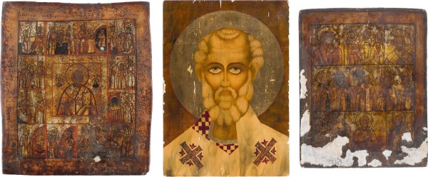 Auction 147<br>DREI IKONEN: MEHRFELDER-IKONE, VITA-IKONE MIT DEM HEILIGEN NIKOLAUS VON MYRA UND HEILIGER NIKOLAUS