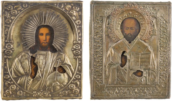 Auktion 147<br>ZWEI KLEINE IKONEN MIT OKLAD: CHRISTUS PANTOKRATOR UND HEILIGER NIKOLAUS VON MYRA