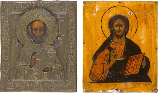 Auktion 147<br>ZWEI KLEINE IKONEN: CHRISTUS PANTOKRATOR UND HEILIGER NIKOLAUS VON MYRA MIT OKLAD