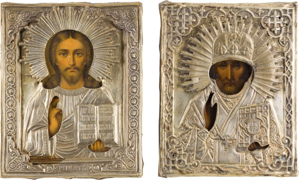 Auction 147<br>ZWEI KLEINE IKONEN MIT OKLAD: CHRISTUS PANTOKRATOR UND HEILIGER NIKOLAUS VON MYRA