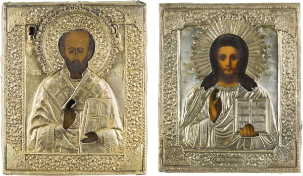 Auktion 147<br>ZWEI IKONEN MIT OKLAD: CHRISTUS PANTOKRATOR UND HEILIGER NIKOLAUS VON MYRA