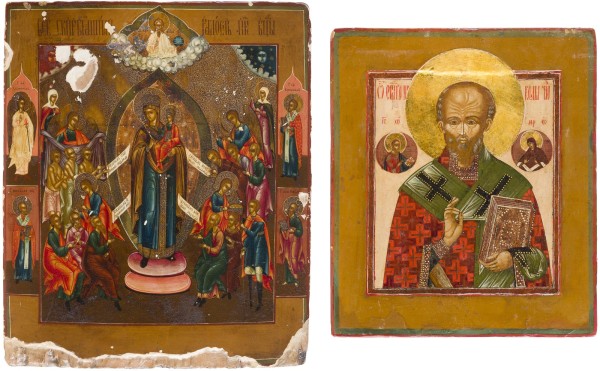 Auktion 147<br>ZWEI IKONEN: HEILIGER NIKOLAUS VON MYRA UND GOTTESMUTTER 'FREUDE ALLER LEIDENDEN'
