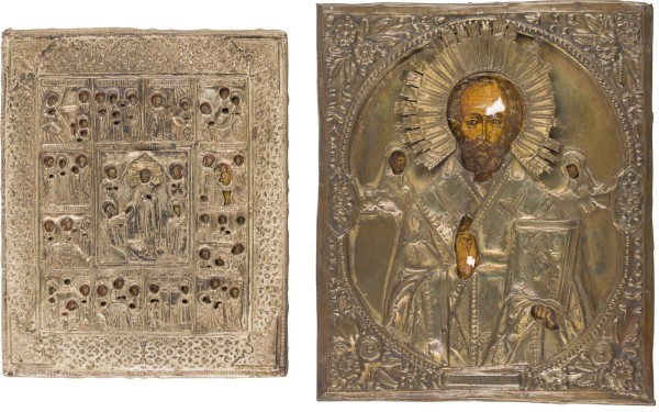 Auktion 147<br>ZWEI IKONEN MIT OKLAD: FESTTAGSIKONE UND HEILIGER NIKOLAUS VON MYRA