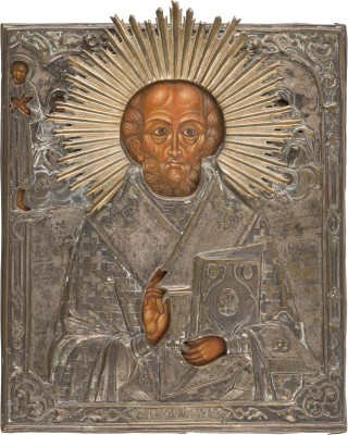Auktion 147<br>KLEINE IKONE MIT DEM HEILIGEN NIKOLAUS VON MYRA MIT OKLAD