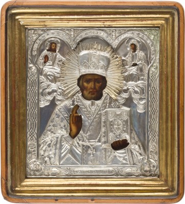 Picture SEHR GROSSE IKONE MIT DEM HEILIGEN NIKOLAUS VON MYRA MIT OKLAD IM KIOT
