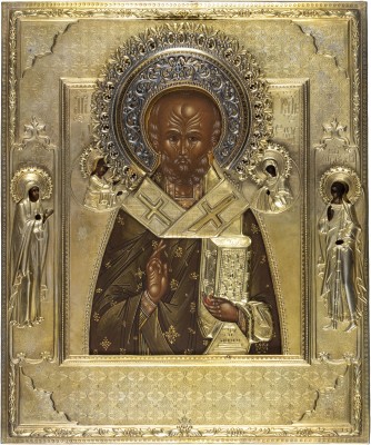 Auktion 147<br>FEINE IKONE MIT DEM HEILIGEN NIKOLAUS VON MYRA MIT VERMEIL-RIZA