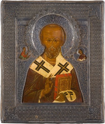 Auction 147<br>FEINE IKONE MIT DEM HEILIGEN NIKOLAUS VON MYRA MIT SILBER-RIZA