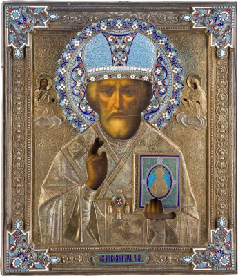 Bild IKONE MIT DEM HEILIGEN NIKOLAUS VON MYRA MIT CLOISONNÉ-EMAIL-OKLAD
