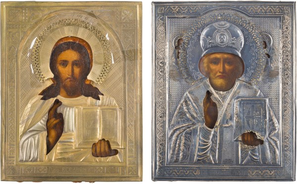 Auction 147<br>ZWEI KLEINE IKONEN MIT OKLAD: CHRISTUS PANTOKRATOR UND HEILIGER NIKOLAUS VON MYRA