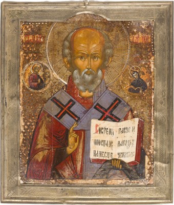 Auktion 147<br>IKONE MIT DEM HEILIGEN NIKOLAUS VON MYRA MIT BASMA