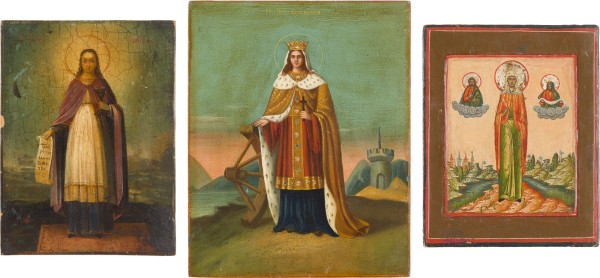 Auction 147<br>DREI KLEINE IKONEN MIT MÄRTYRERINNEN: KATHARINA, BARBARA UND PARASKEWA