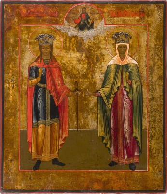 Auktion 147<br>IKONE MIT DEN HEILIGEN MÄRTYRERINNEN KATHARINA UND BARBARA