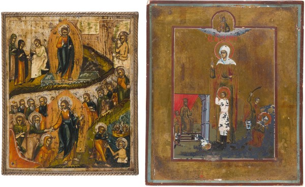 Auction 147<br>ZWEI KLEINE IKONEN: HÖLLENFAHRT UND AUFERSTEHUNG CHRISTI UND DIE HEILIGEN JULITTA UND KIRIK