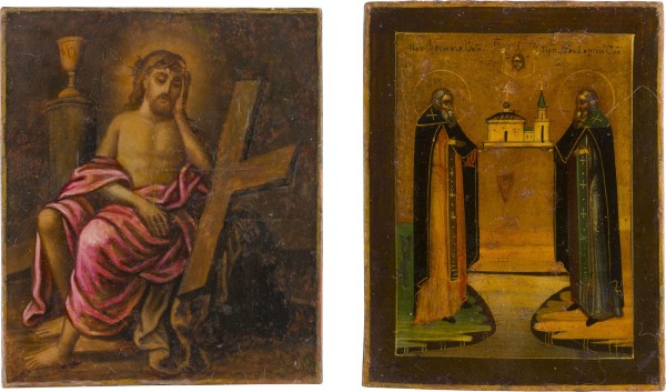 Picture ZWEI MINIATUR-IKONEN: DIE HEILIGEN ZOSIMA UND SAVATIJ UND DER DORNENGEKRÖNTE CHRISTUS