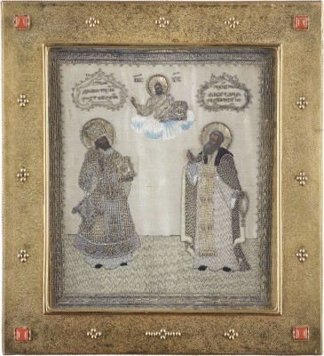 Auction 147<br>MUSEALE IKONE MIT DEN HEILIGEN DIMITRIJ VON ROSTOW UND ALEXANDER SWIRSKI IM KIOT