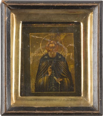 Auction 147<br>MINIATUR-IKONE MIT DEM HEILIGEN SERGEJ VON RADONESCH IM KIOT