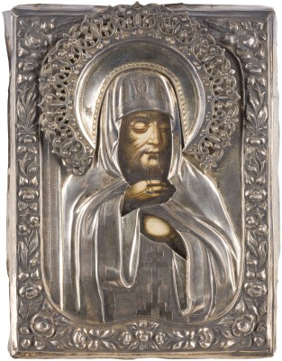 Auktion 147<br>KLEINE IKONE MIT DEM HEILIGEN FEODOSIJ VON TOTMA MIT SILBER-OKLAD