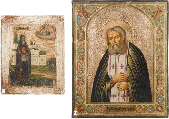 Auction 147<br>ZWEI IKONEN: HEILIGER NIKODIM VON KOZHEOZERSKIJ UND SERAFIM VON SAROW