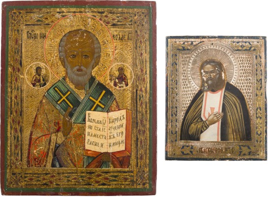 Auktion 147<br>ZWEI KLEINE IKONEN: HEILIGER SERAFIM VON SAROW UND HEILIGER NIKOLAUS VON MYRA