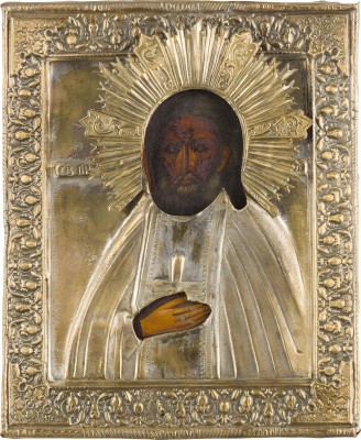Auction 147<br>KLEINE IKONE MIT DEM HEILIGEN SERAFIM VON SAROW MIT OKLAD