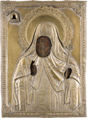Auction 147<br>IKONE MIT DEM HEILIGEN MITROFAN VON WORONESCH MIT OKLAD