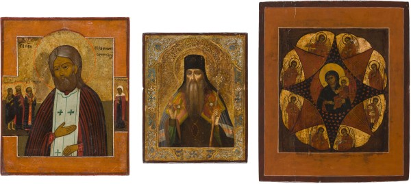 Auction 147<br>DREI IKONEN: HEILIGE SERAFIM VON SAROW, PATRIARCH PITIRIM VON TAMBOW UND GOTTESMUTTER 'UNVERBRENNBARER DORNBUSCH'