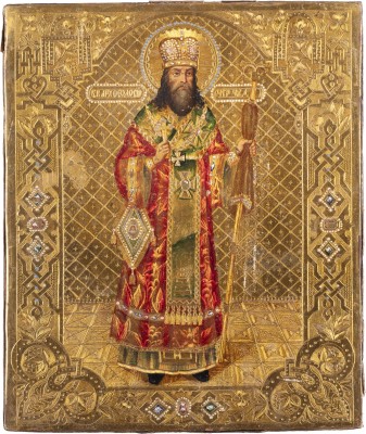 Auktion 147<br>KLEINE IKONE MIT DEM HEILIGEN FEODOSIJ VON UGLITSCH, ERZBISCHOF VON TSCHERNIGOW