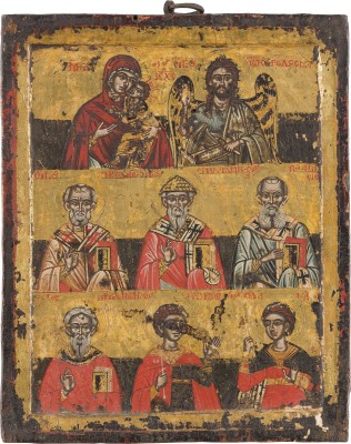 Picture FEINE MEHRFELDER-IKONE MIT DER GOTTESMUTTER GLYKOPHILOUSA, JOHANNES DEM VORLÄUFER UND AUSGEWÄHLTEN HEILIGEN
