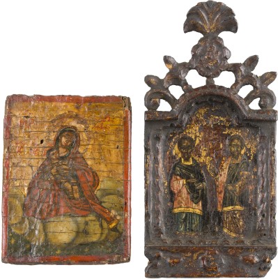 Auction 147<br>ZWEI MINIATUR-IKONEN MIT DER GOTTESMUTTER UND DEN HEILIGEN KOSMAS UND DAMIAN