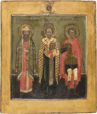Bild IKONE MIT DEM HEILIGEN NIKOLAUS VON MYRA FLANKIERT VON DEN HEILIGEN KONSTANTIN UND JOHANNES DEM KRIEGER